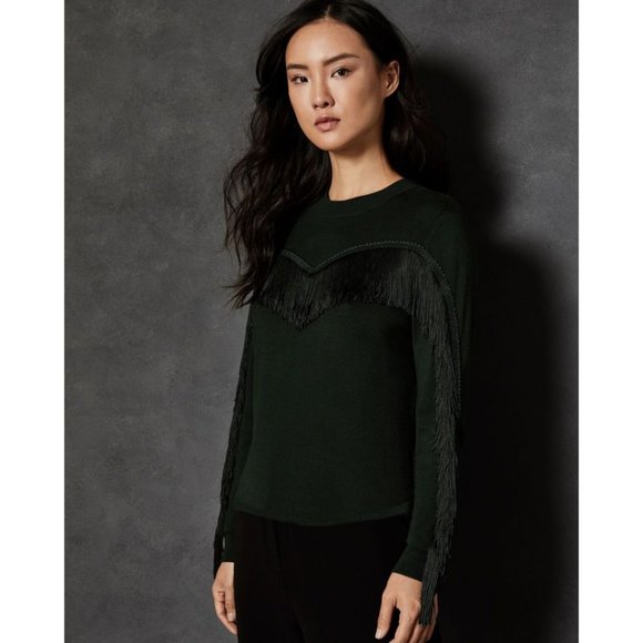 Ted Baker Aniebal Fringe Knit Sweater Black Size TED 2/ US 6 - Picture 1 of 7